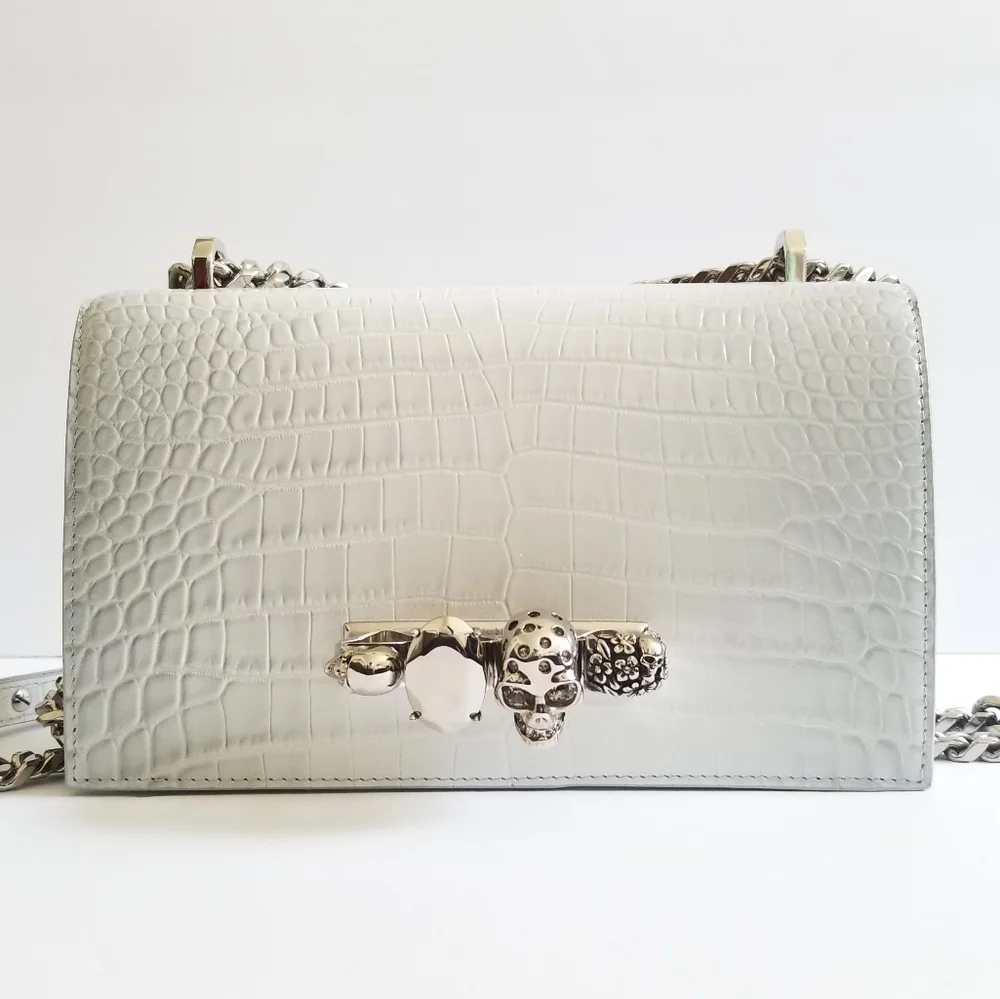 Alexander McQueen Medium Four Ring Croc-Embossed Leather Crossbody Light Gray - Picture 2 of 11